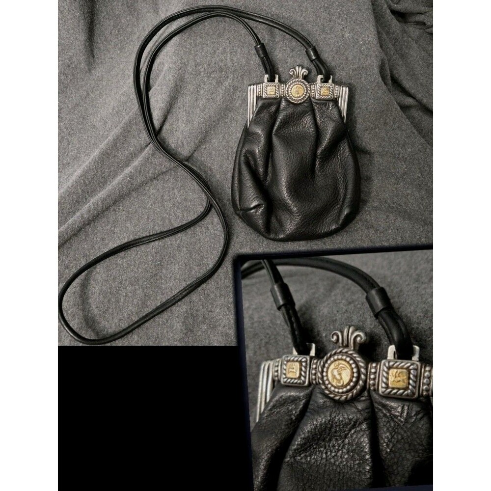 Vintage Brighton Victorian Silver Ornate Crossbody Black Leather Kisslock Purse